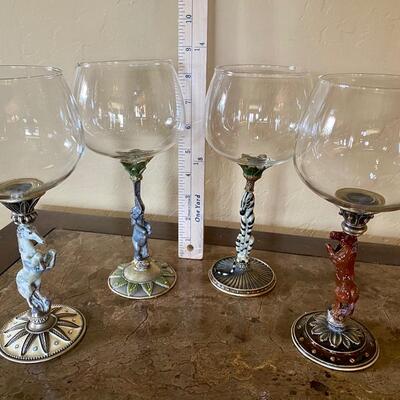 Set of 4 Unique Wine Glasses with Heavy Metal Decorative Stems