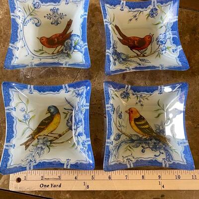 Set of 4 Blue and White Glass Dishes with Birds