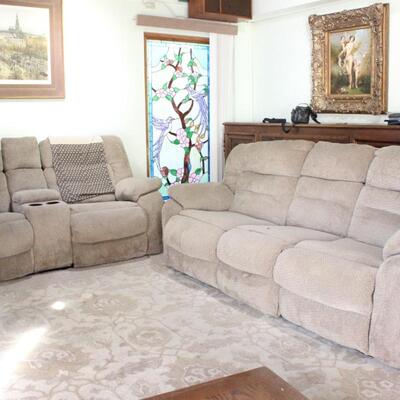 Light Beige Couch & Loveseat Set Recliner Seat Cup Holder