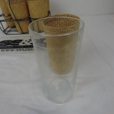 6 Picnic Glasses with Weaved Covers with Metal Carrier