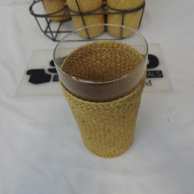 6 Picnic Glasses with Weaved Covers with Metal Carrier