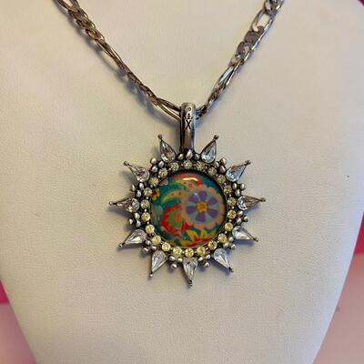 Colorful and Rhinestone Sun Pendant on Silver Chain