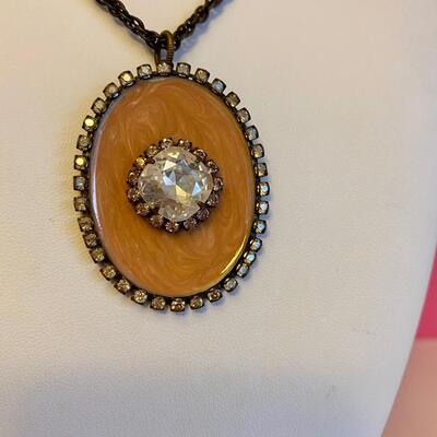 Long Jewel and Brass Pendant Necklace