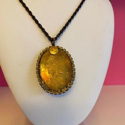 Long Jewel and Brass Pendant Necklace