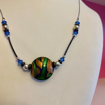 Gold and Green Pendant with Blue and Silver Beads on Wire Necklace