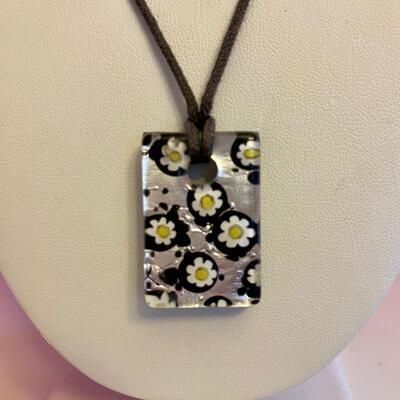Silver Black and White Sunflower Glass Necklace on Leather Strap
