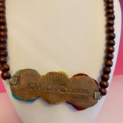 Love Crazy Designs Three Flower and Wood Bead Necklace