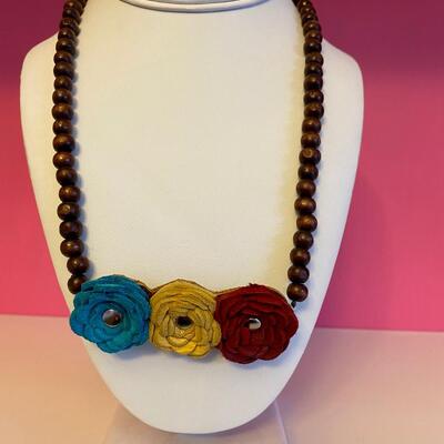 Love Crazy Designs Three Flower and Wood Bead Necklace