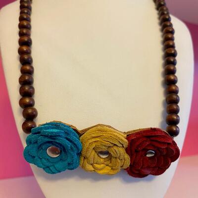 Love Crazy Designs Three Flower and Wood Bead Necklace