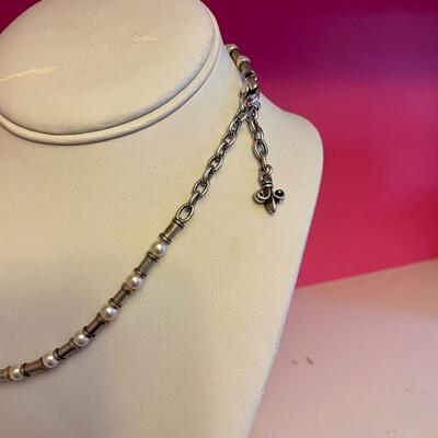 Brighton Necklace Silver Tone Hearts Fleur De Lis Faux Pearl - Rare