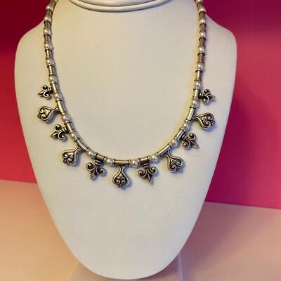 Brighton Necklace Silver Tone Hearts Fleur De Lis Faux Pearl - Rare