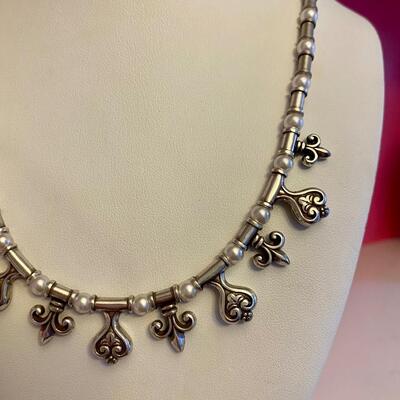Brighton Necklace Silver Tone Hearts Fleur De Lis Faux Pearl - Rare