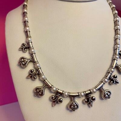 Brighton Necklace Silver Tone Hearts Fleur De Lis Faux Pearl - Rare