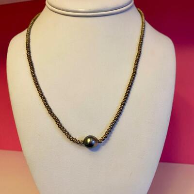 Gold Beaded Necklace with Gray Pearl