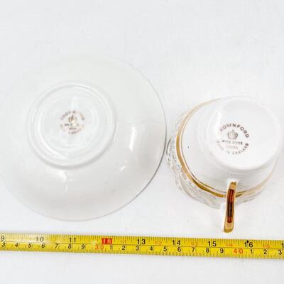 CROWNFORD CHINA WHITE & GOLD TEACUP & SAUCER