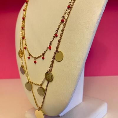 Three strand Gold and Orange Bead Necklace