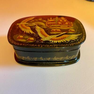 Russian Lacquer Box Cranes Over Village
