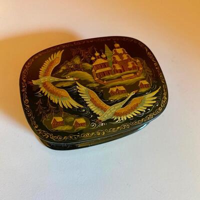 Russian Lacquer Box Cranes Over Village