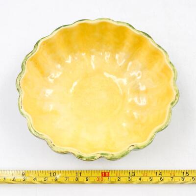 HANDMADE 6â€ GREEN & YELLOW POTTERY BOWL - SIGNED â€œNâ€ OR â€œZâ€