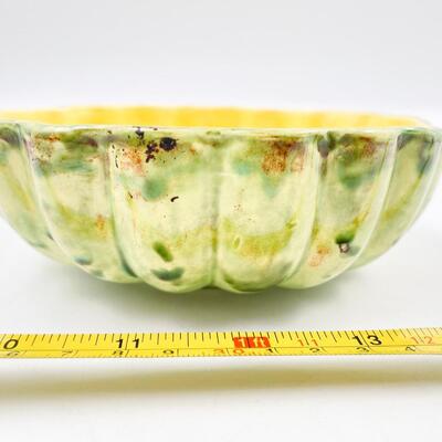 HANDMADE 6â€ GREEN & YELLOW POTTERY BOWL - SIGNED â€œNâ€ OR â€œZâ€