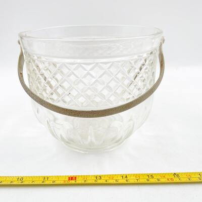 VINTAGE CRYSTAL ICE BUCKET W/ HAMMERED METAL TONGS
