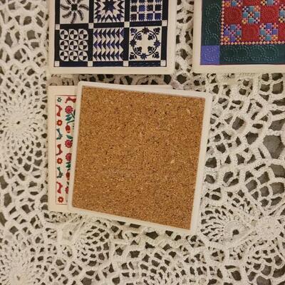 Lot 18: Quilt theme Tile Coasters with Cork Bottoms