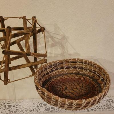 Lot 20: Vintage Coiled Basket and Wood & String Sculpture