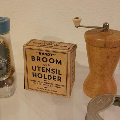 Lot 21: Vintage Kitchen Mixer, Scoops, Spice Bottle, Pepper Mill, (2) Ball Jar Glass Lids & (1) Metal Cap, Broom & Utensils Holder &...