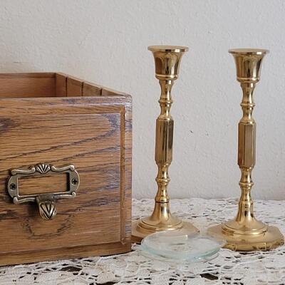 Lot 38: Brass Candle Sticks and Drawer with Brass Hardware