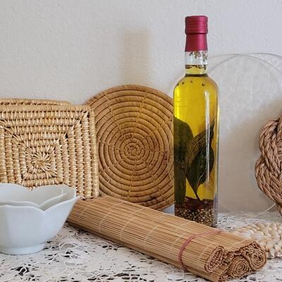 Lot 55: Kitchen Lot-  Hot Pads, Decorative Oil, Flower Bowls and 3 Placemats