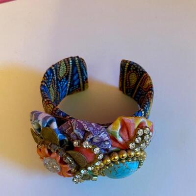 Colorful Jewel and Flower Fabric Cuff