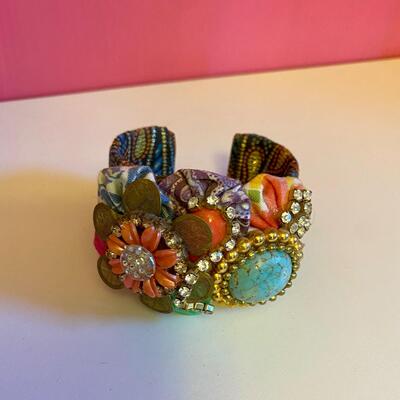 Colorful Jewel and Flower Fabric Cuff