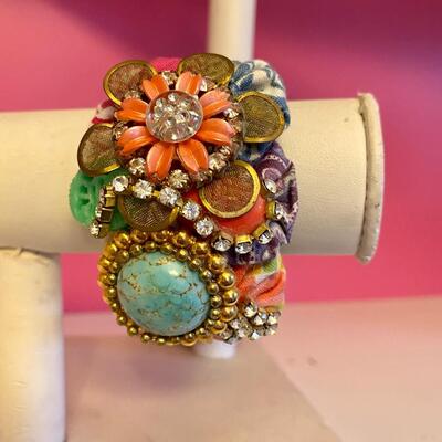 Colorful Jewel and Flower Fabric Cuff