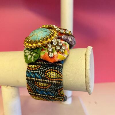 Colorful Jewel and Flower Fabric Cuff