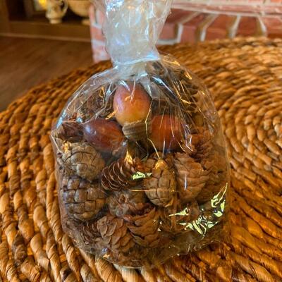 Bags of pine cones and acorns