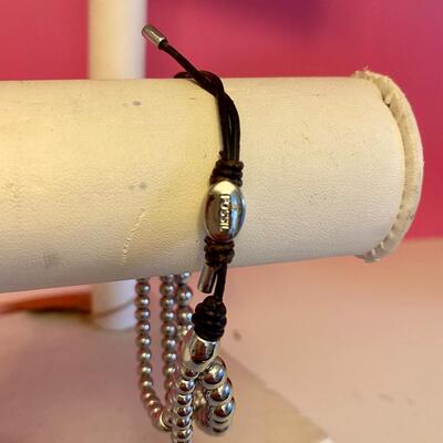 Fossil Multi Strand Crystal and Silver Bead Adjustable Bracelet