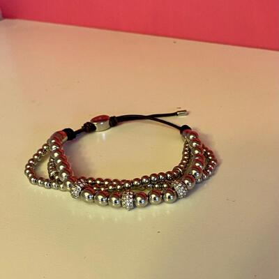 Fossil Multi Strand Crystal and Silver Bead Adjustable Bracelet