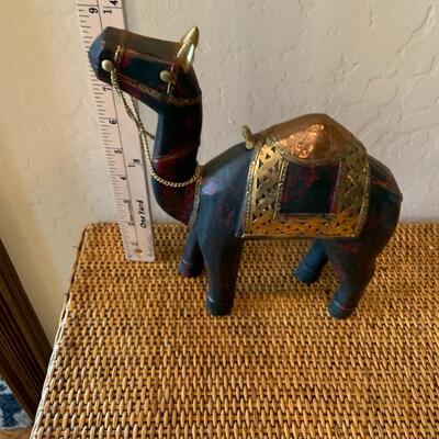 Vintage Wooden Carved Camel Brass Statue