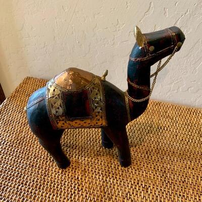 Vintage Wooden Carved Camel Brass Statue