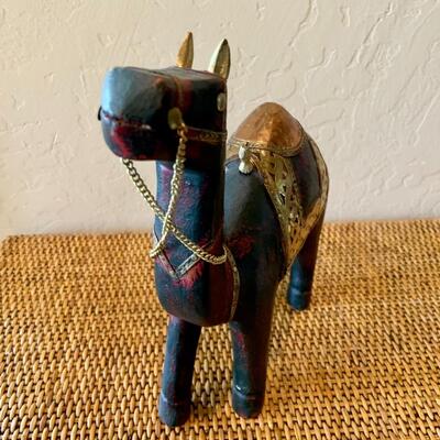 Vintage Wooden Carved Camel Brass Statue