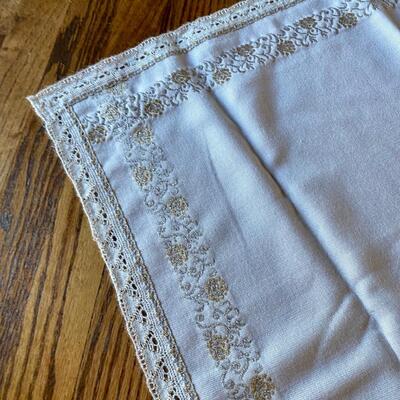 White Tablecloth with Gold and Silver Detailing