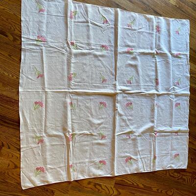 White Tablecloth with Pink and Green Flowers