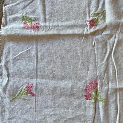White Tablecloth with Pink and Green Flowers