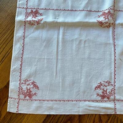 White Tablecloth with Red Flowers and Stitching