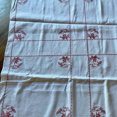 White Tablecloth with Red Flowers and Stitching