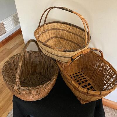 Three Large Vintage Handmade Baskets with Handles