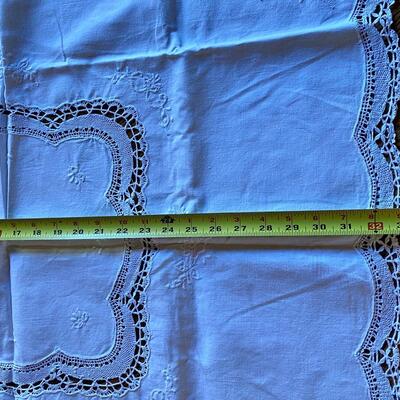 33" Square White Lace Tablecloth and 2 Cloth Napkins