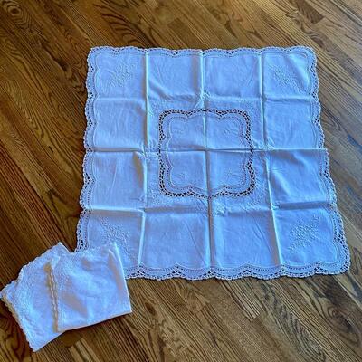 33" Square White Lace Tablecloth and 2 Cloth Napkins