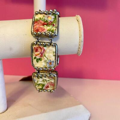 Silver Bracelet with Linking Painted Floral Pendants