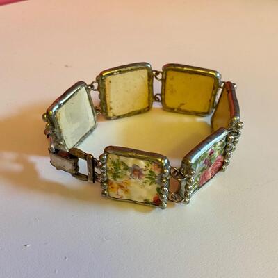 Silver Bracelet with Linking Painted Floral Pendants